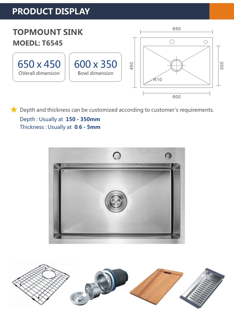 304 Stainless Steel Single Bowl Drop In Kitchen Sinks Topmount 16 Gauge 65x45