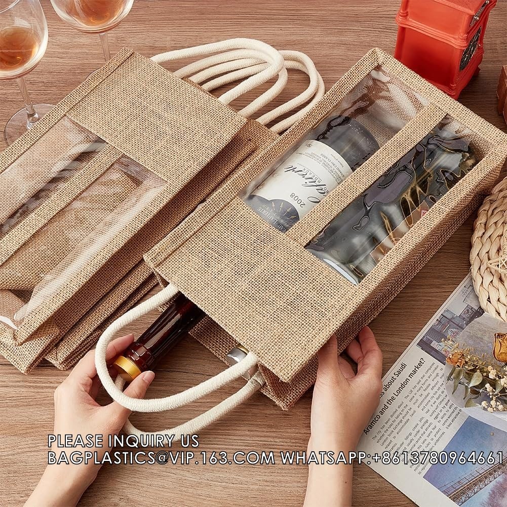 Double Window Two Bottles Burlap Jute Wine Bottle Bag Wedding, Party Favors, Christmas, Holiday And Wine Tasting
