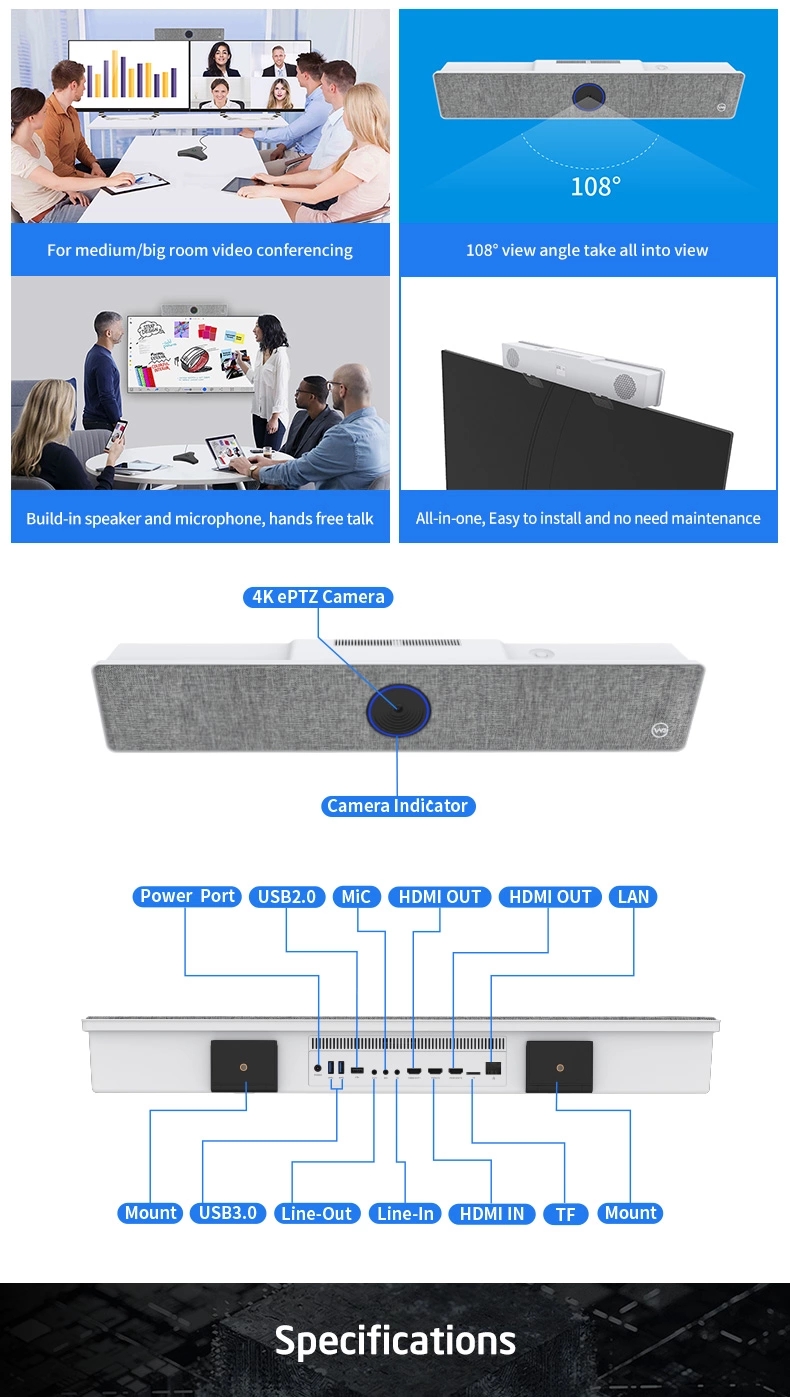 Android All-in-one ultra HD 4K Camera with Microphone and Speaker USB video sound bar for video conference