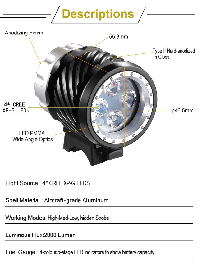 Super Bright 2000 Lumens Bike LED Flashlight With Go Pro Bracket Water Resistant