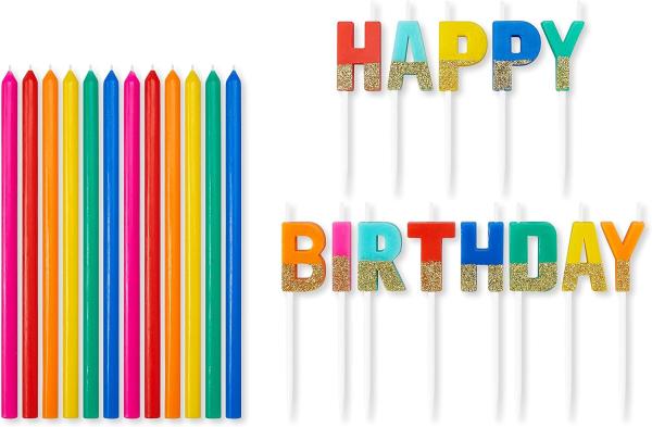 Greetings Birthday Candles, Multicolored Long Thin & Happy Birthday Text On
