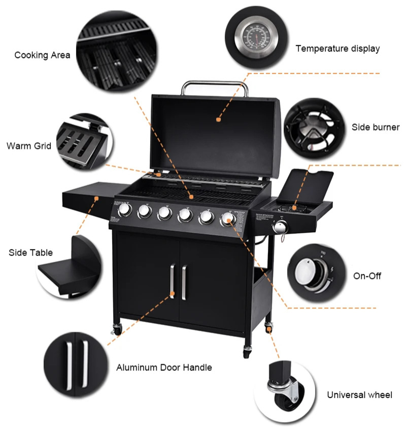 Large 60000btu 6 Burner Butane Gas BBQ Grill for Customizable Outdoor Barbecue at 85cm