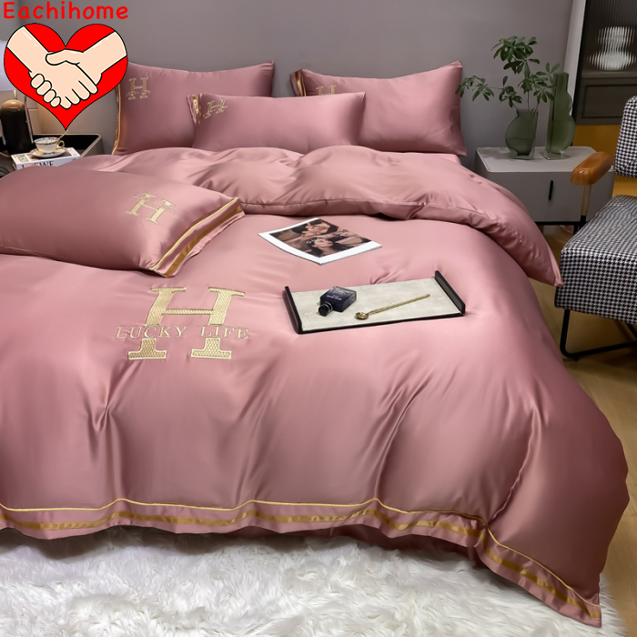 Customized HOT SEAL H Embroidered Washed Silk Four Pieces Bedding Set for All-Season