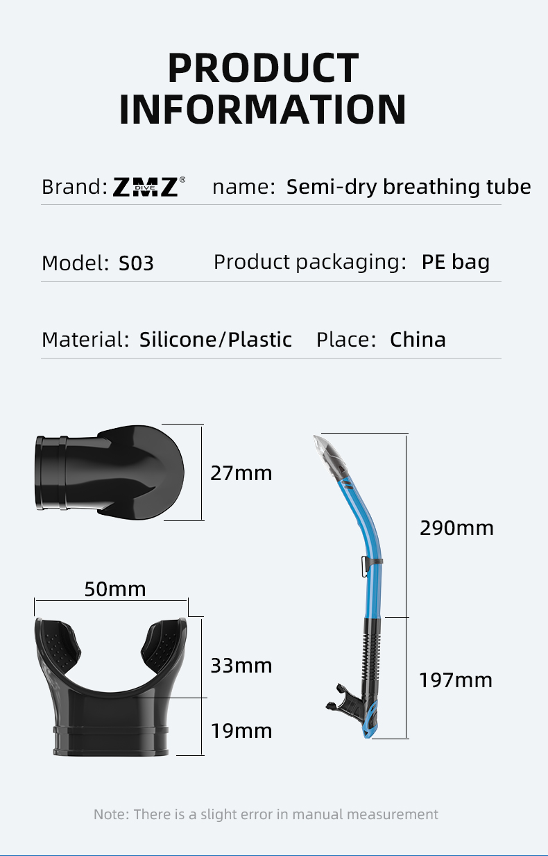 Freediving Scuba Semi Dry Snorkel For Spearfishing Silicone Mouthpiece