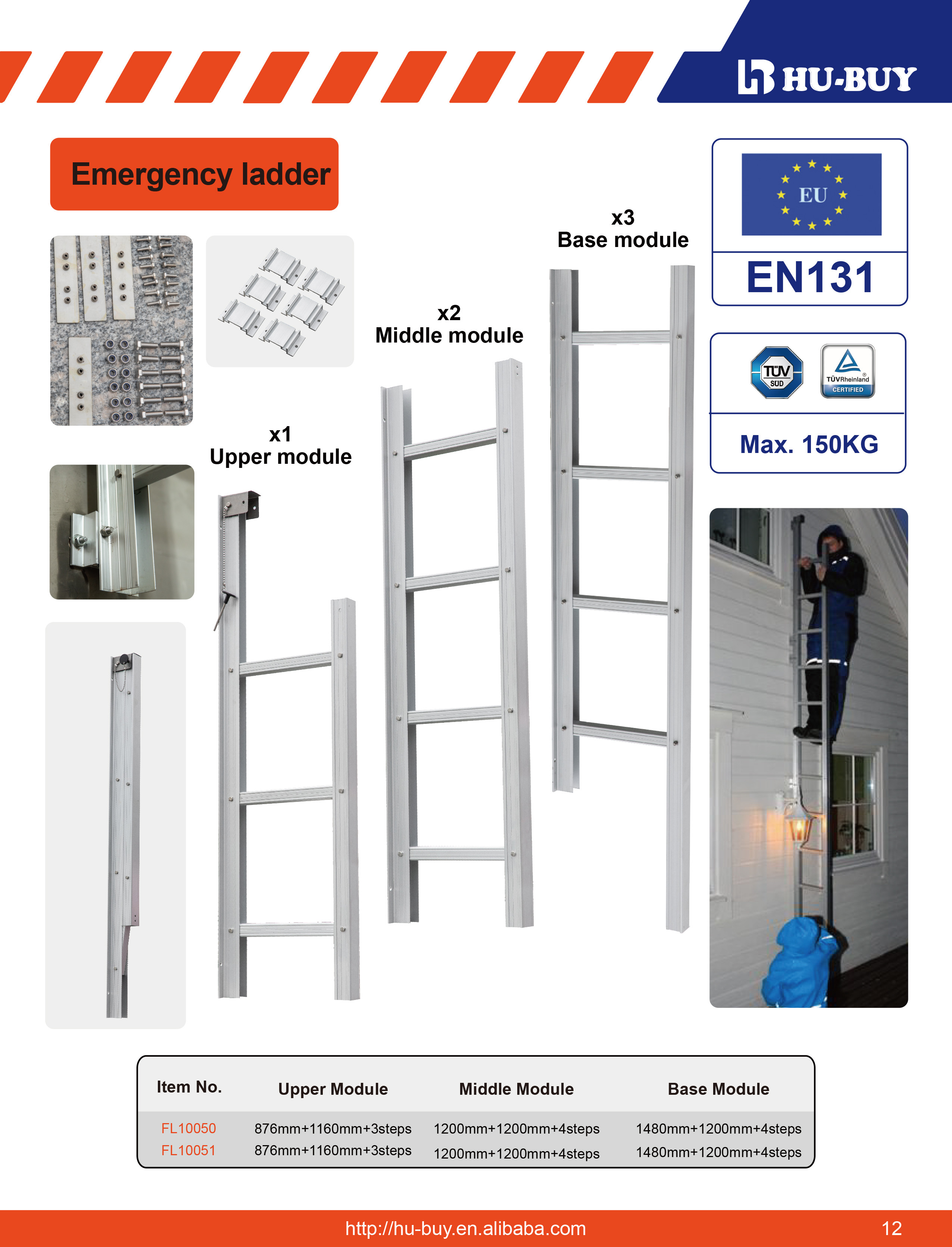 Foldaway Aluminum Fire Escape Ladder Easily Store EN131 Certificated