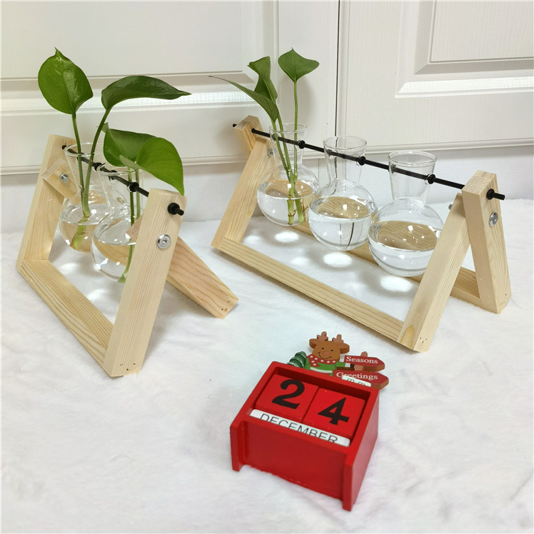 Wholesale Plant Terrarium with Wooden Stand Bulb Glass Vase Retro Tabletop for Hydroponics Home Garden Office Decoration