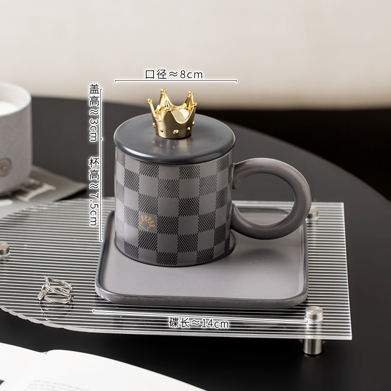 National Trend Style Checkered Ceramic Cups And Plates With LIDS Spoons Large Round Handles Mugs Office Coffee Home Drinking Custom Ceramic Mugs