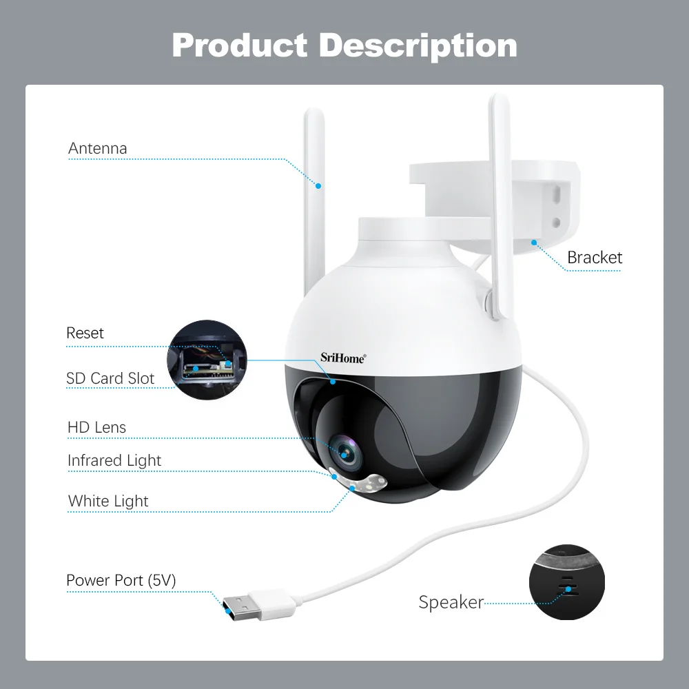5V 2MP Mic & Speaker Video Download TF Card Dual Light Sources Indoor & OutdoorWaterproof Cctv Wifi Camera