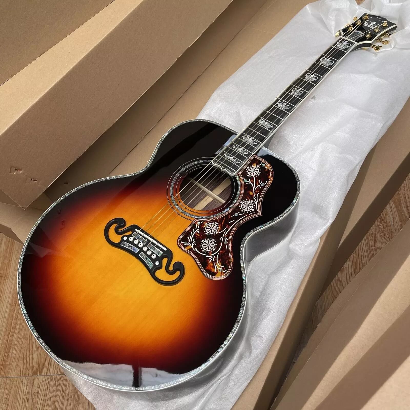 Custom Gibson Style Crown Monarch Type Sunburst Color SJ200 ALL Solid Wood Jumbo Acoustic Guitar