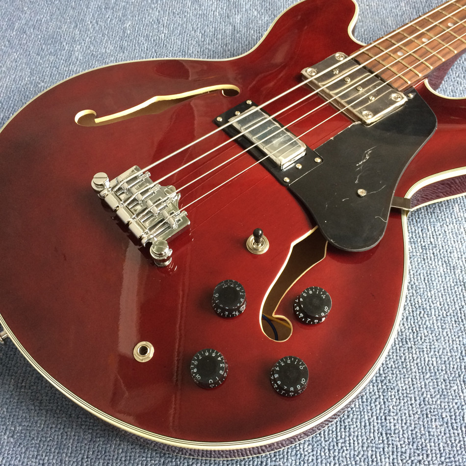 New style high-quality hollow body electric guitar 4 string bass, Double F holes, Wine red body,Free shipping