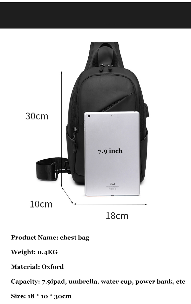 7.9 Inch IPAD USB Charging Shoulder Travel Sling Bag 18*10*30cm