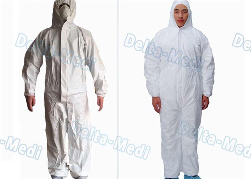 Waterproof Breathable Disposable Protective Coveralls Cotton Knitted / Elastic Cuff White Color