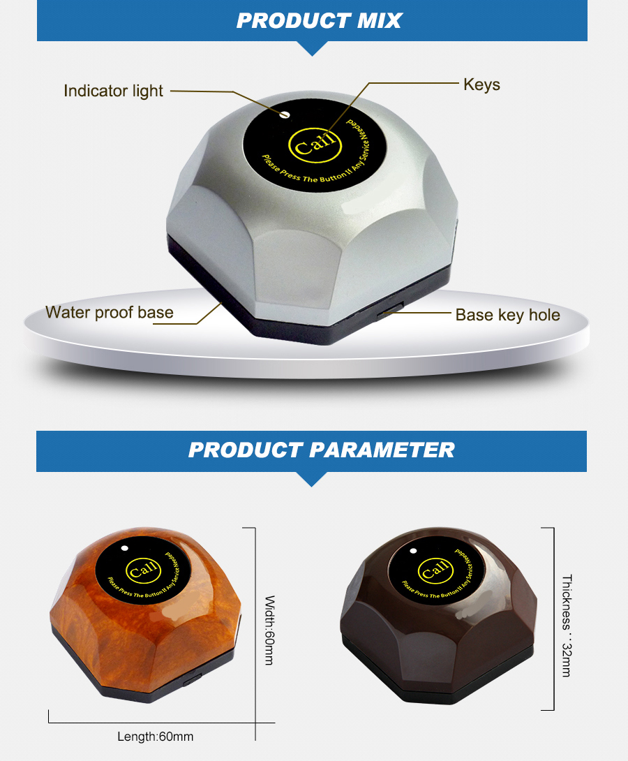 Wireless smart long range restaurant table calling system display receiver and call button