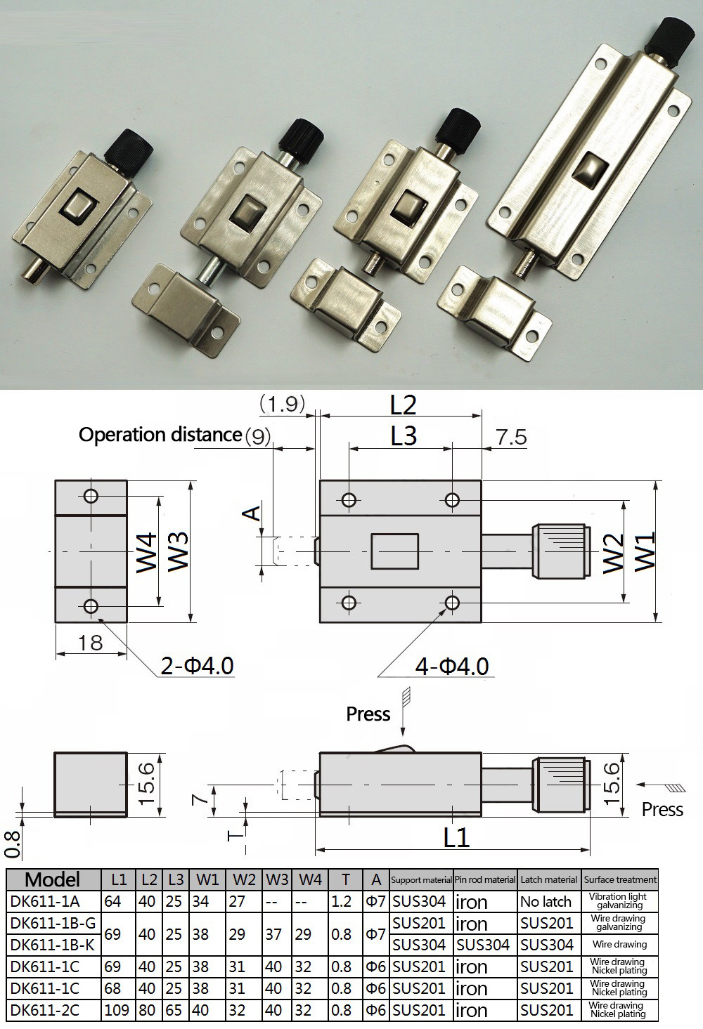 Impact Resistance Slide Bolt Latch Lock Drawing Polishing
