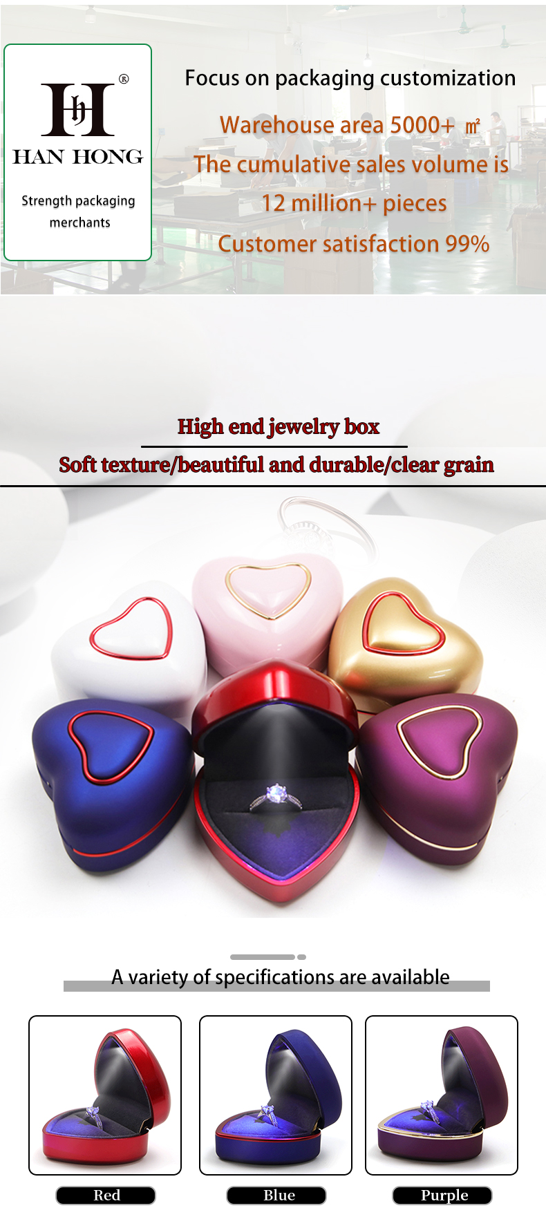 Jewelry Package White LED Light Ring Box Custom Size Hanhong OEM Display Case for Jewelry