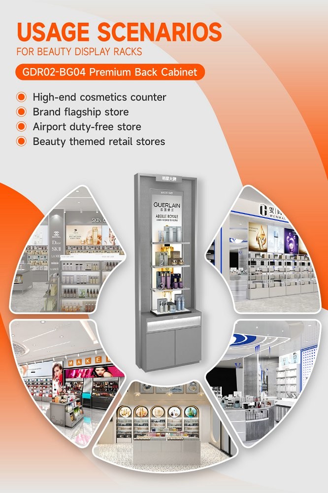 GDR02-BG04 Premium Skincare Display Cabinet with LED Strip Lights and Silver Mirror for Fashion Boutiques