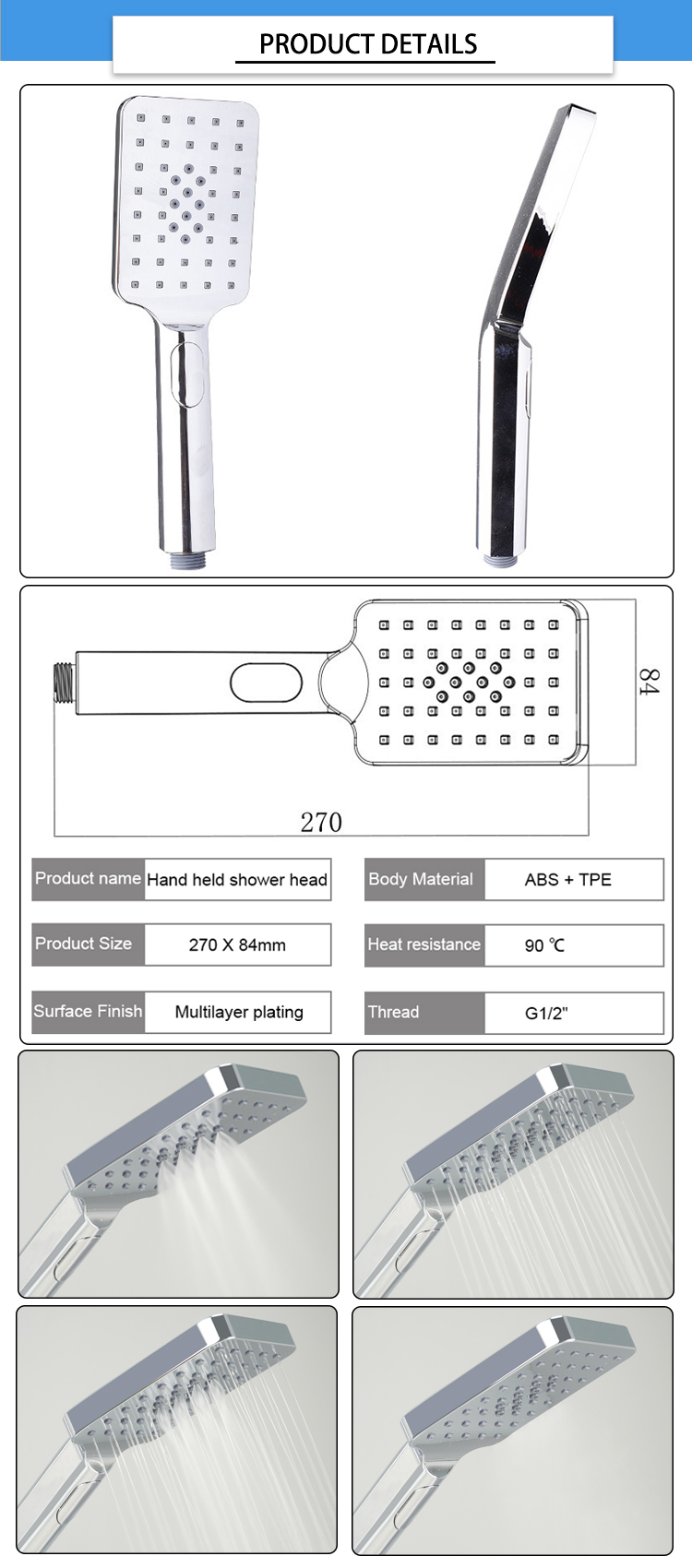ABS TPE 270mm*84mm Modern Handheld Shower Head