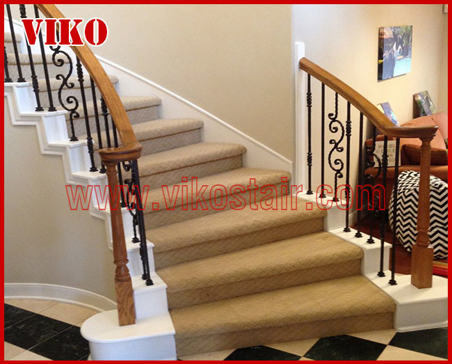 Wrought Iron Staircase VK118S Wrought Iron Handrail Tread Beech,Railing tempered glass, Handrail b eech Stringer,carbon