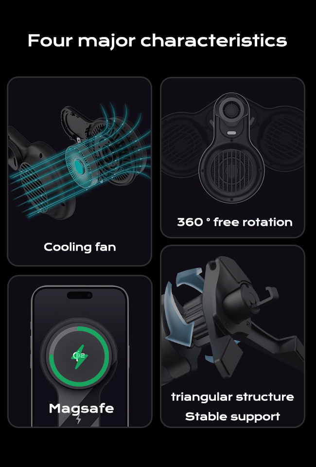 Car Phone Holder with Ultra-Thin Fan Cooling and Strong Magnetic Suction for Iphone 15 Pro Max Charger