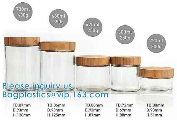 Storage Jar Container With Bamboo Wood Lid, SQUARE Glass Jars, Round Cosmetic