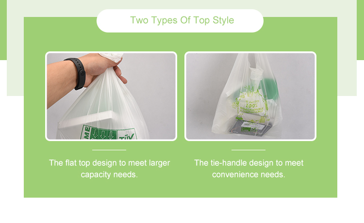 Green Garbage Bags made from Modified Corn Starch for Domestic Flat top T-shirt Roll