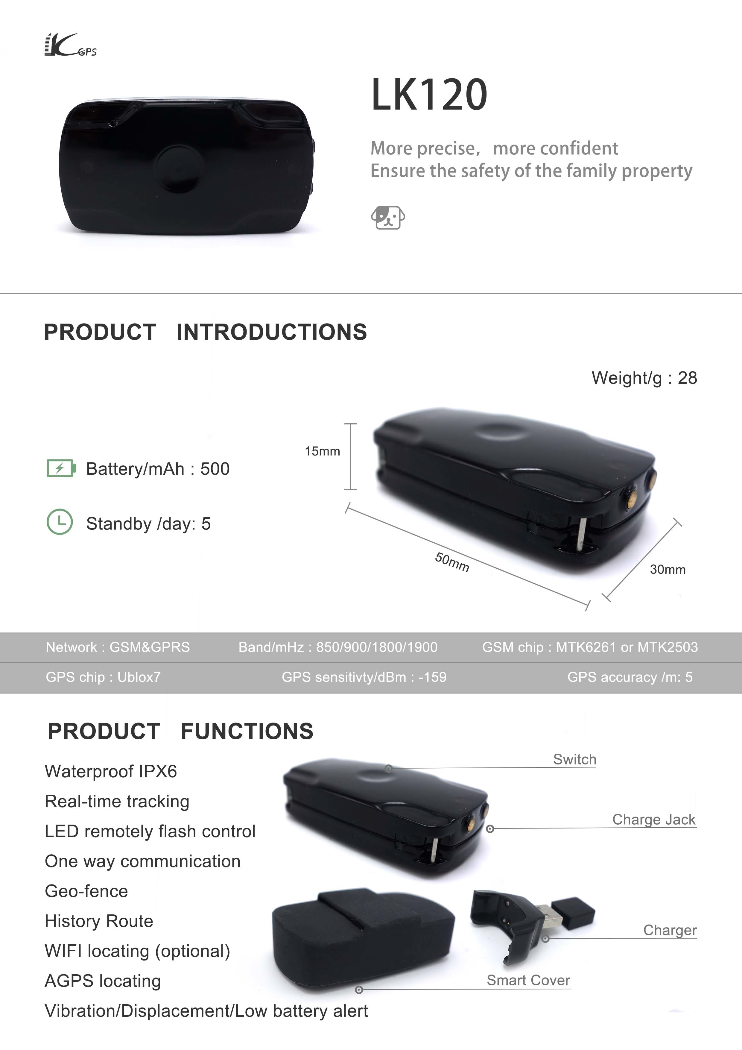 LK120 mini pet gps tracker with LED waterproof marine gps tracker