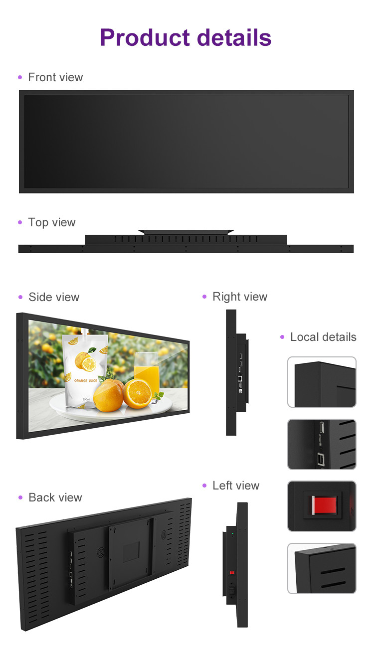 VETO 35 37 29 Inch Indoor Stretched Bar LCD Display For Bus Station , 450 Cd/M2 HD Digital Signage Screen For Shelf