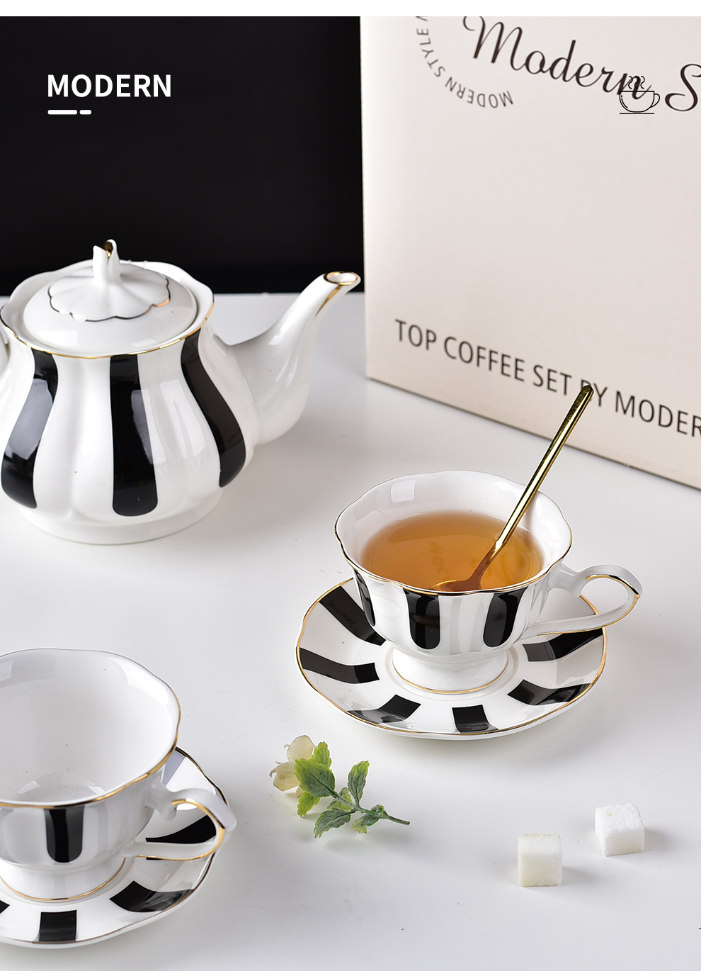 Light Luxury Ceramic Teapot Set With Gold Rim Porcelain Coffee Cups And Saucers