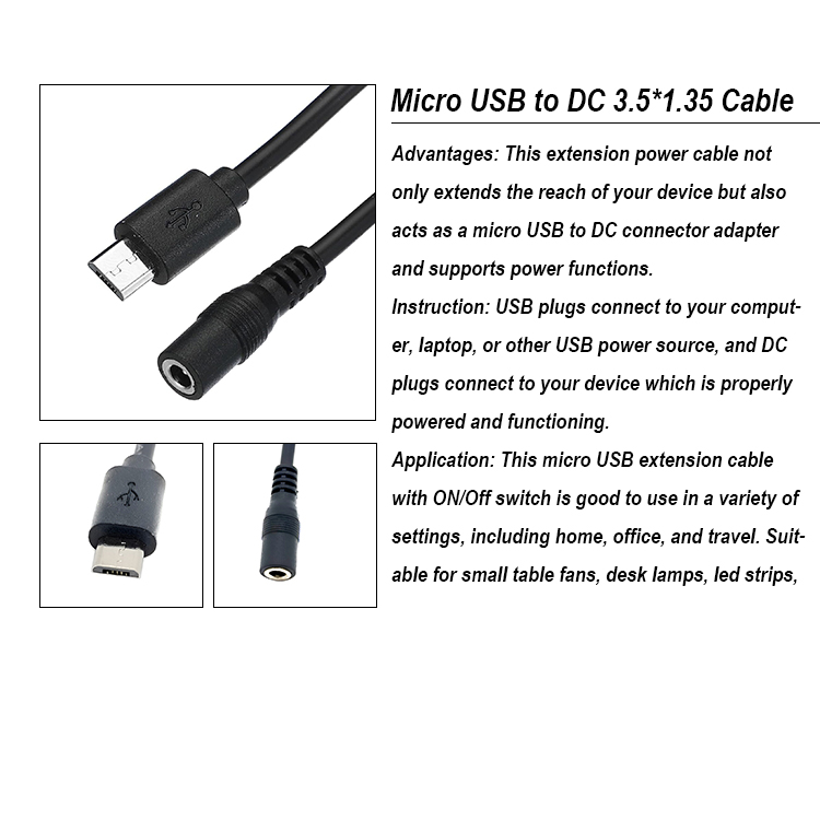 Micro USB Male to DC 3.5x1.35mm Female Jack Power Extension Cable for Fans LED Strips