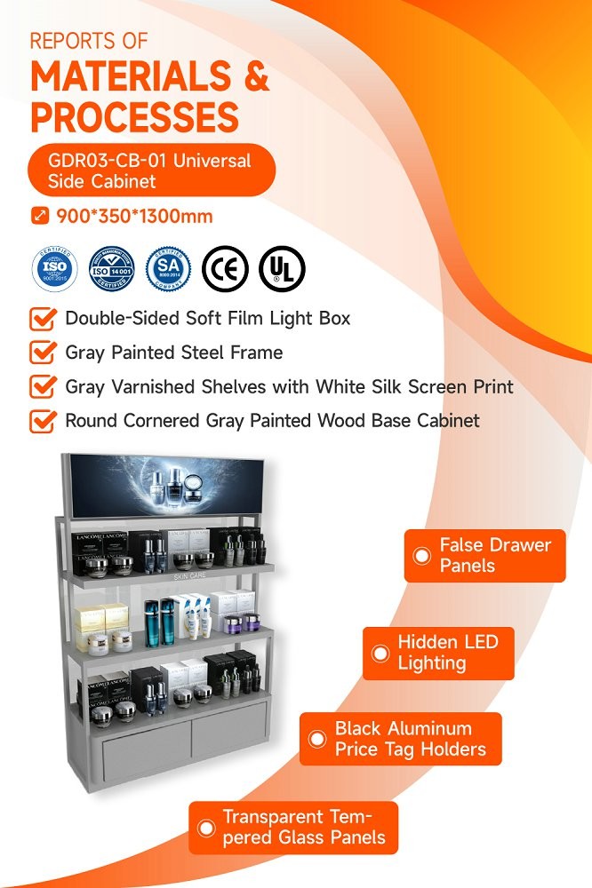 GDR03-CB-01 Universal Side Cabinet with Soft Film Light Box and Black Aluminum Price Tag Holder for Specialty Beauty Stores