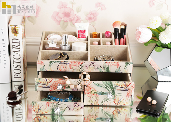 Square Desk Organiser Box / Glass Makeup Storage Box Tropical Rainforest Pattern
