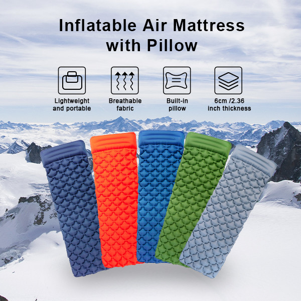 2.36" Thick Inflatable Camping Mat Green Outdoor Sleeping Mattress With Attached Pillow