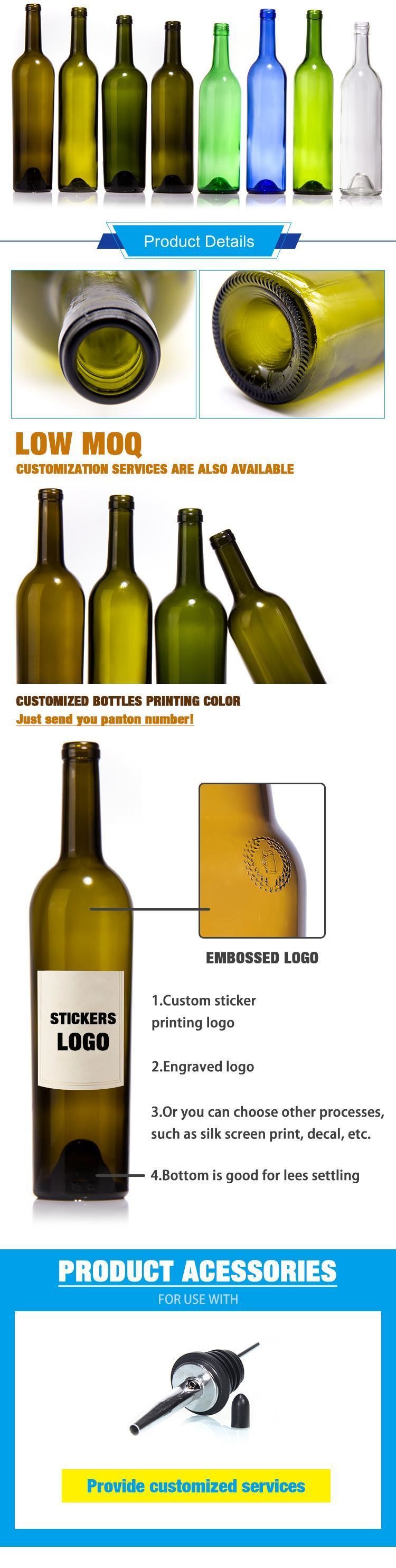 750ml Bordeaux Glass Wine Bottle Round With Flat Bottomed Cork