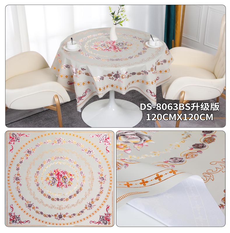 Customized PVC Round Plaid Tablecloth for 10 People White and Green Floral Pattern