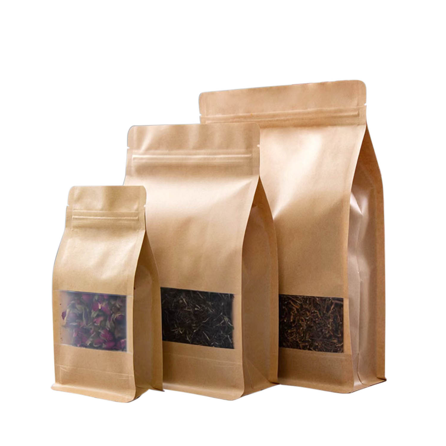 Custom Resealable Ziplock Stand Up Pouch Tea Coffee Snack Kraft Paper Packaging Bag With Transparent Window