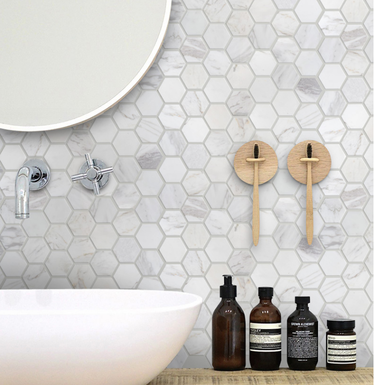 White Hexagon Calacatta Marble Carrara Mosaic Tiles Sophisticated Bathroom Background