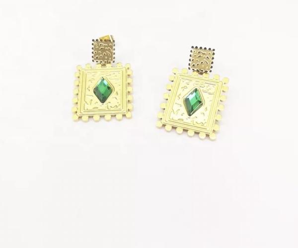 Trendy Green Gem Pendant Earrings Long Pendant Studs 18K Gold Stainless Steel