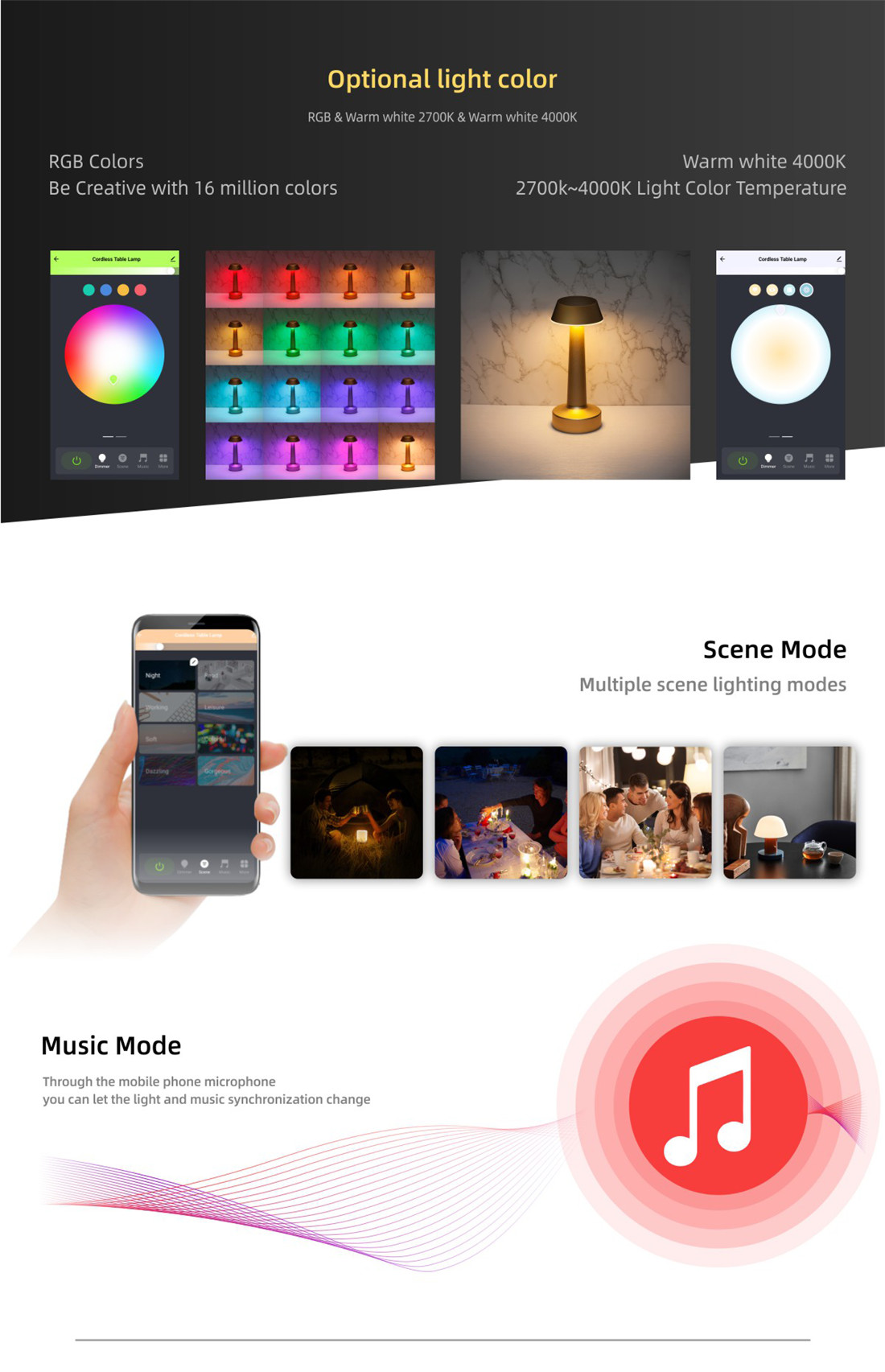 Wifi Smart Table Lamp, Modern Design App Control Waterproof Night Light for Living Rooms, Bedrooms and Camping