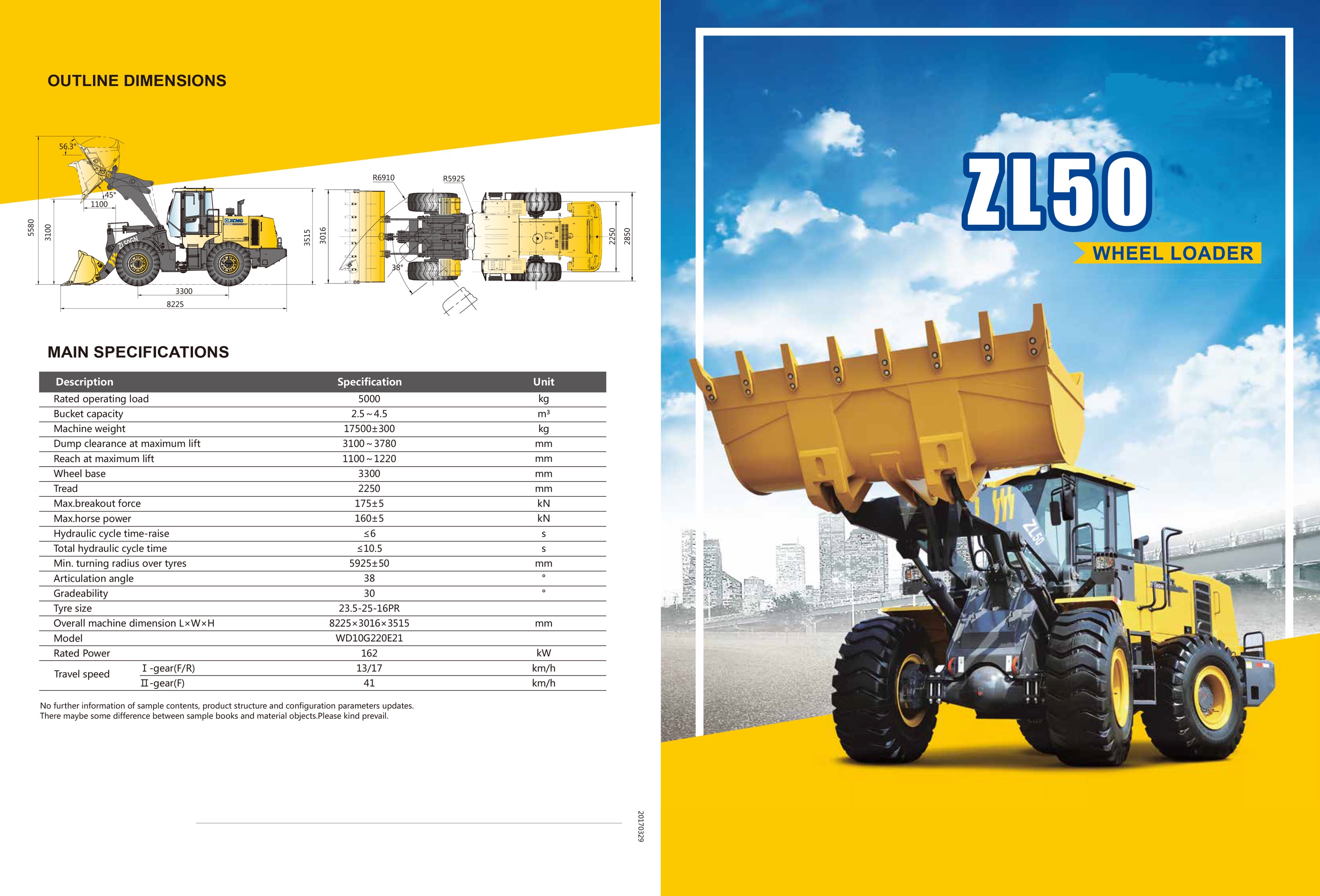 Construction Equipment Heavy Machine Front Wheel Loader ZL50 5 Ton Machine Weight