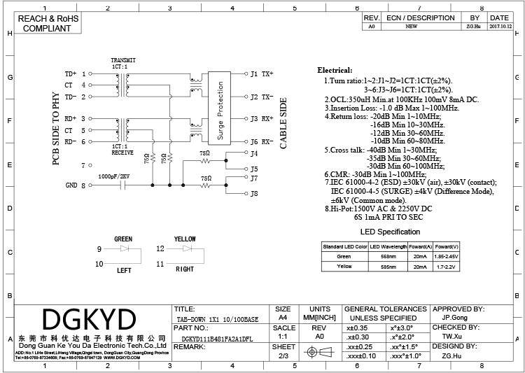 DGKYD111B481FA2A1DFL 10P8C RJ45 Single Port With Transformer