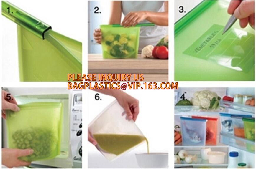 Storage preservation reusable silicone food bag,FDA reusable silicone storage food bag with Zip lockk in microwave bagease