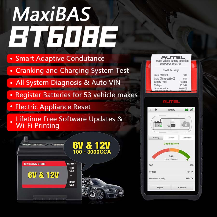 Touchscreen Battery Tester Auto Electrical System Analyzer Autel MaxiBAS BT608E OBD2 Scanner Built-In Printer for 12V