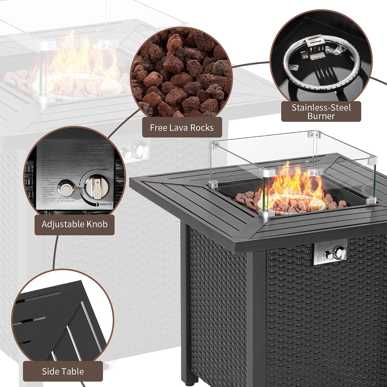 28 Inch SUS Square Propane Fire Table External Metal Switch