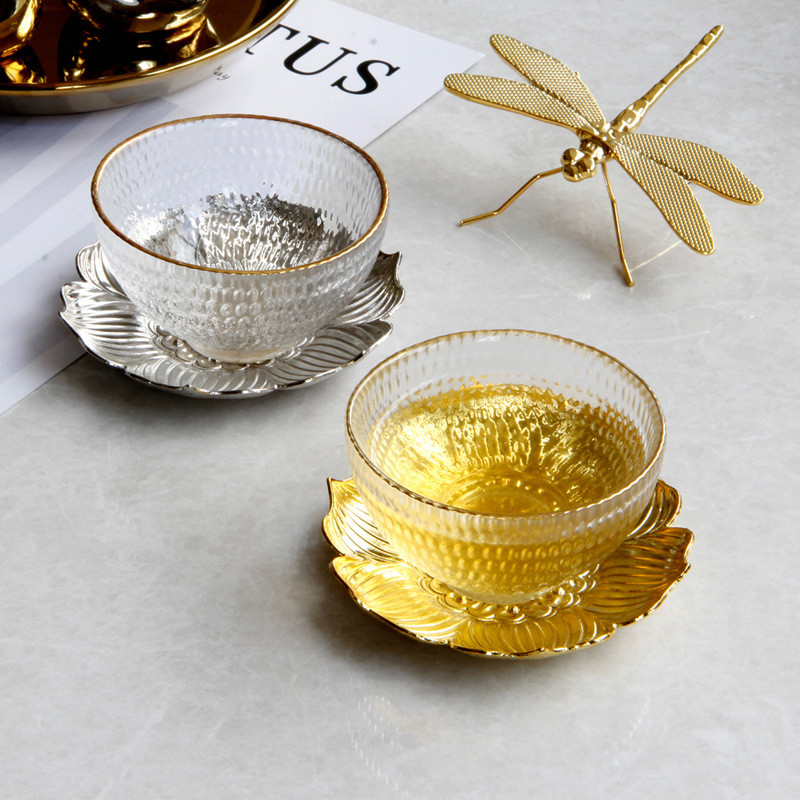 Lotus Base Hammer Pattern Transparent Glass Tea Cups Gold Silver Color