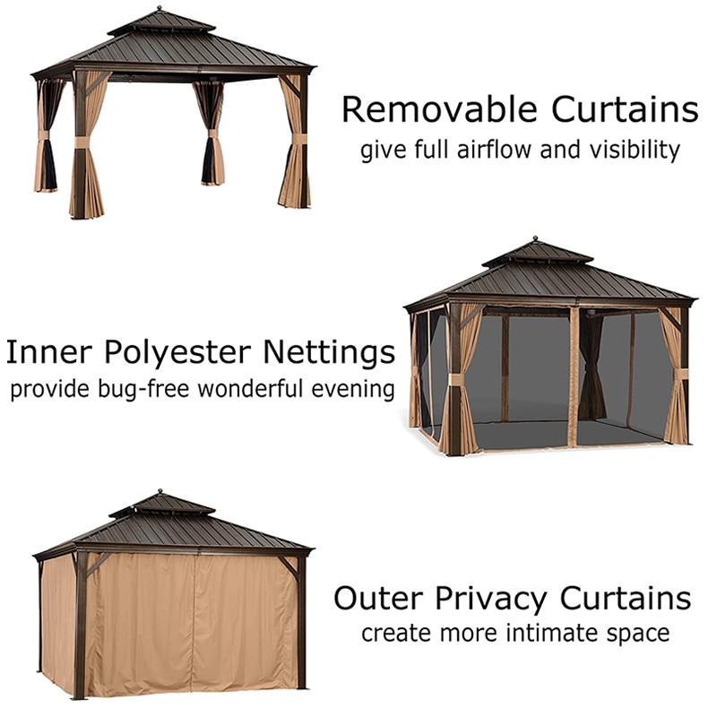 Gazebo With Mosquito Netting Polycarbonate Double-Roof Canopy Metal Roof Gazebo