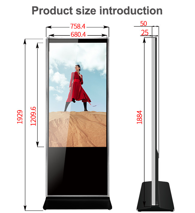 Black Vertical HD 2K 4K Intel Core I7 Floor Standing Digital Signage For Ads