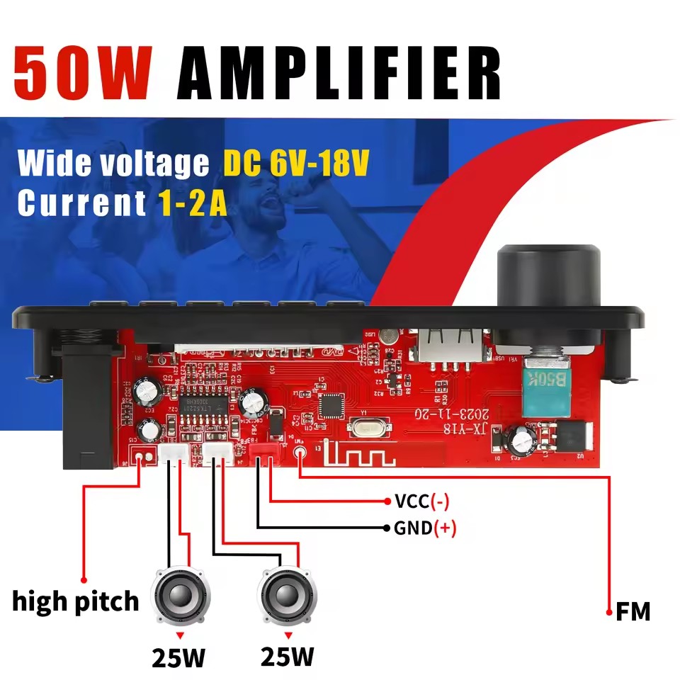 2*25W Microphone Priority Power Amplifier with MP3 Decoding Board and Accompaniment Battery Life 20 Hours Screen Yes