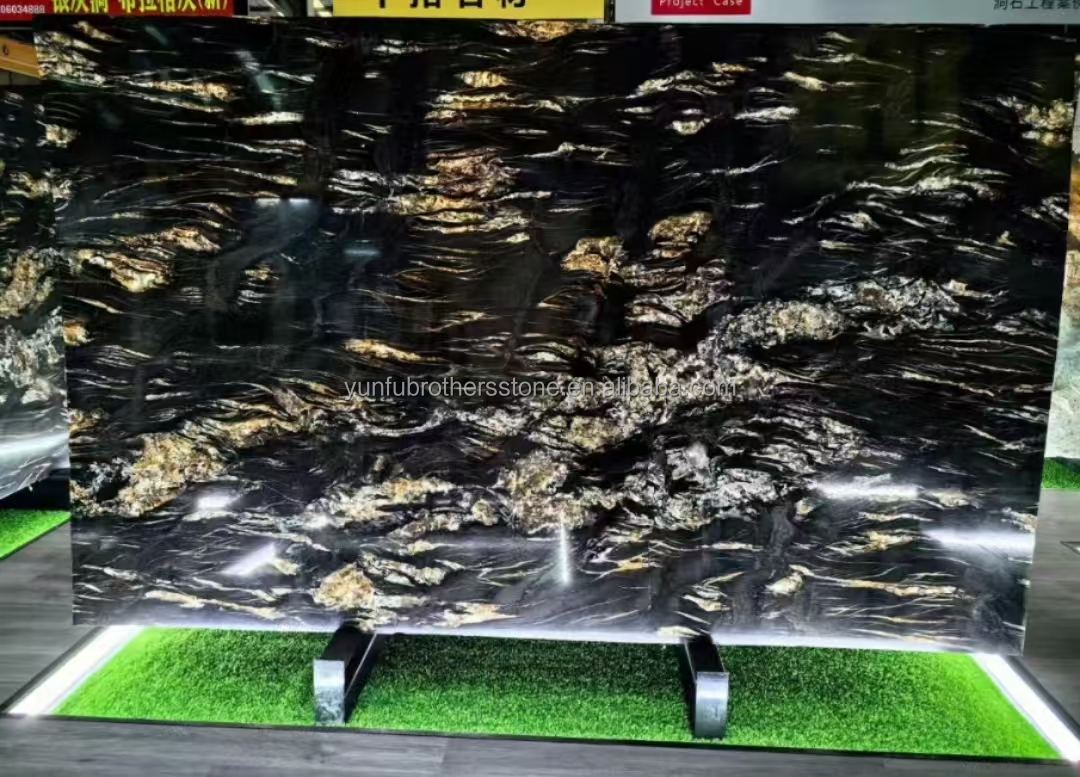 Modern Natural Phoenix Feather Black Gold Marble Stone Stair Steps Tile Big Slab