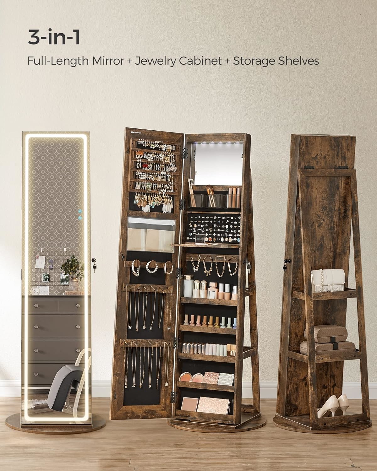 Lockable Full Length Mirror Cabinet Adjustable Lights LED Mirror Jewelry Cabinet Brown