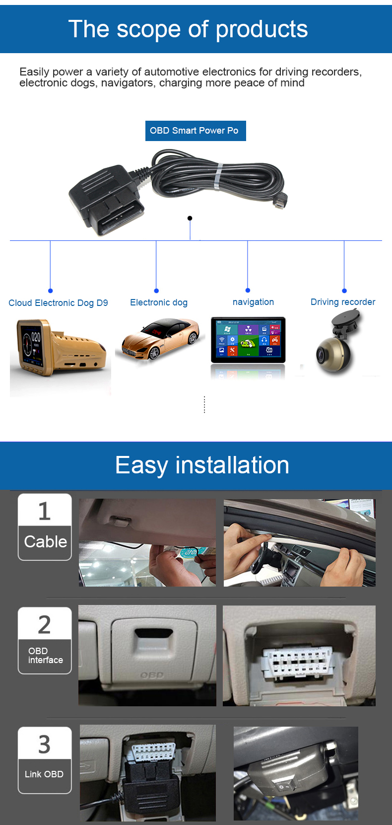 Cars OBD Charging Cable 24 64Awg 5V/2A OBD2 16pin To Right Angle Micro 5P Diagnostic Tool